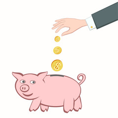 Businessman  hand puts coin into piggy bank. Cash coins increase in size.