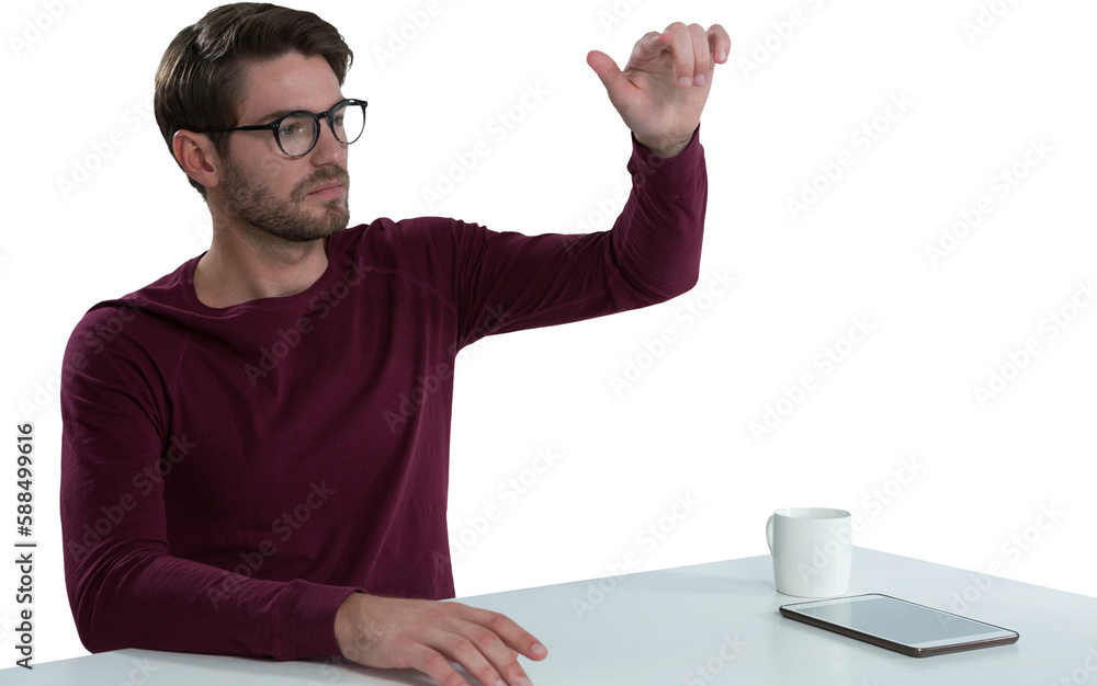 Poster man pretending to use an invisible screen