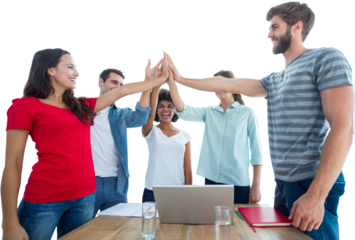 Happy business team putting their hands together