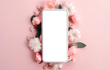 Smartphone mock up screen on pink pastel flowers white floral feminine spring background. Mockup mobile phone blank empty display flower shop app florist delivery concept. Top view above, flat lay