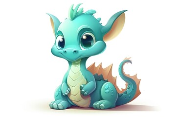 Very cute light blue baby dragon on isolated background. 3d illustration digital art.