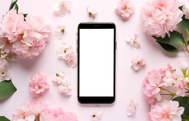 Fototapeta na wymiar Smartphone mock up screen on pink pastel flowers white floral feminine spring background. Mockup mobile phone blank empty display flower shop app florist delivery concept. Top view above, flat lay