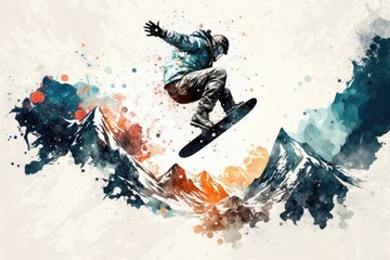 abstract snowboarder Jumping in the Air on Snow Winter Mountains. ai generative