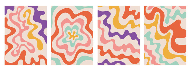 Groovy hippie 70s backgrounds. Waves, twisted vector texture in trendy retro psychedelic style. Y2k aesthetic.