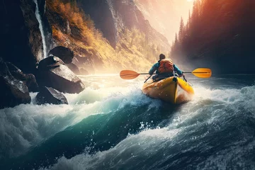 Foto op Canvas Adventure kayak sails on mountain river with sunlight. ai generative © Anna