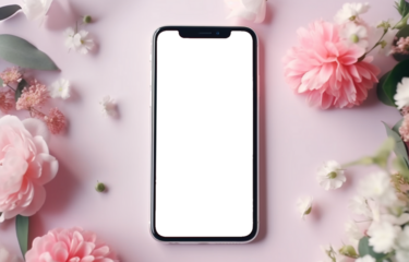 Smartphone mock up screen on pink pastel flowers white floral feminine spring background. Mockup mobile phone blank empty display flower shop app florist delivery concept. Top view above, flat lay