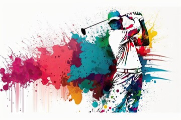 Golf sport player colorful splash horizontal banner on white background. ai generative