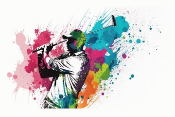 Golf sport player colorful splash horizontal banner on white background. ai generative