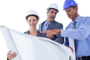 Businessmen and a woman with hard hats and holding blue