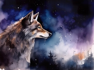 Night Wolf Watercolor Painting Generative AI