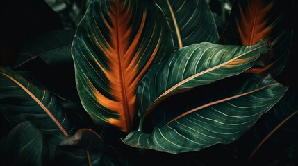 Abstract Orange and Dark Green Tropical Leafs created with Generative AI Technology, ai, generative