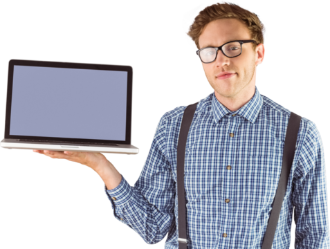 Geeky businessman showing his laptop