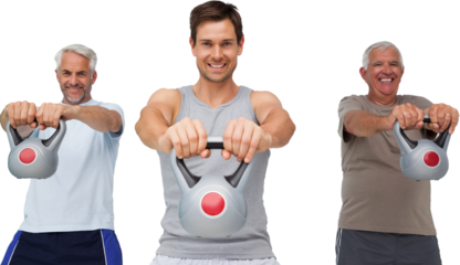 Portrait of three men exercising with kettle bells