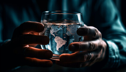Hand holding glass, liquid reflecting world map generated by AI