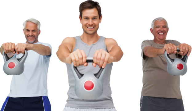 Portrait of three men exercising with kettle bells - Powered by Adobe