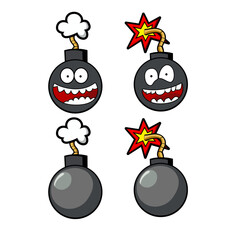 Old rounded bomb with fuse burning rope with eveil or scared face in different positions fire cracking vector illustration