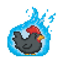 Angry chicken burning in blue fire, black chicken pixel art 