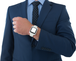 Mid section of businessman showing smart watch