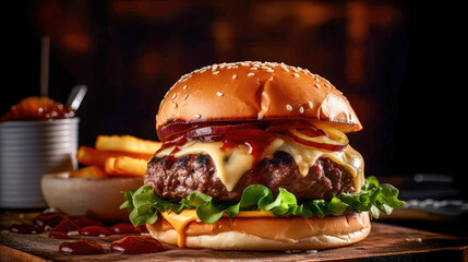 Delectable hamburger that is bursting with flavor. Burger made of beef and pork, with cheese, lettuce, tomato, and onions. Generative AI