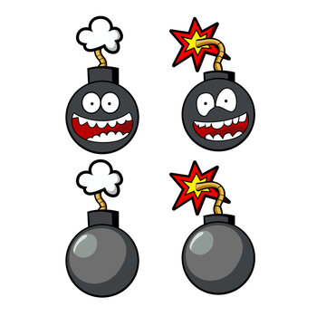 Old rounded bomb with fuse burning rope with eveil or scared face in different positions fire cracking vector illustration