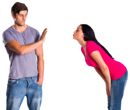 Man rebuffing the kiss of his girlfriend