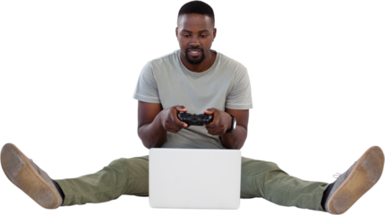 Man playing video game on laptop