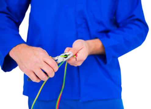 Electrician cutting wire with pliers - Powered by Adobe