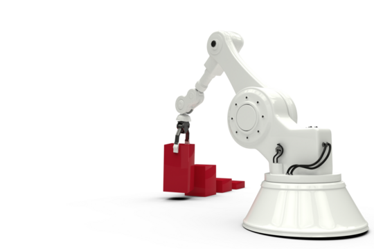 Digital generated image of robot arranging red toy blocks into bar ghaph - Powered by Adobe