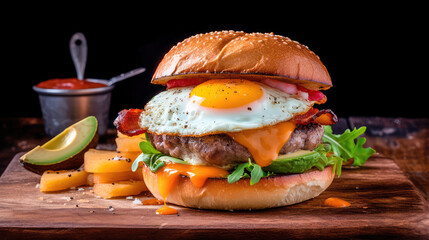 Delectable hamburger that is bursting with flavor. Burger made of beef and pork, with cheese, lettuce, tomato, and onions. Generative AI