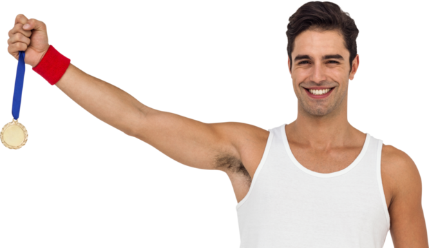 Athlete holding gold medal after victory