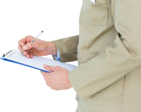 Delivery man writing on clipboard - Powered by Adobe