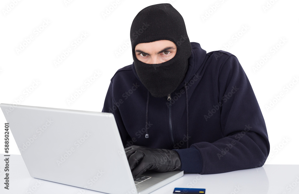 Aufkleber hacker in balaclava hacking a laptop
