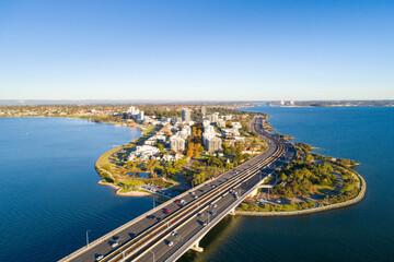View of Perth South, aerial view over the Swan River, Kwinana Fwy, Narrows Bridge, Perth, Western...