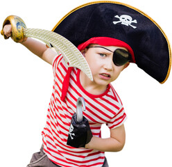 Boy in pirate hat holding artificial sword