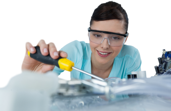 Female engineer repairing computer motherboard