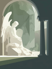 An angelic figure leaning against a headstone in the crypt of a forgotten church. Gothic art. AI generation.