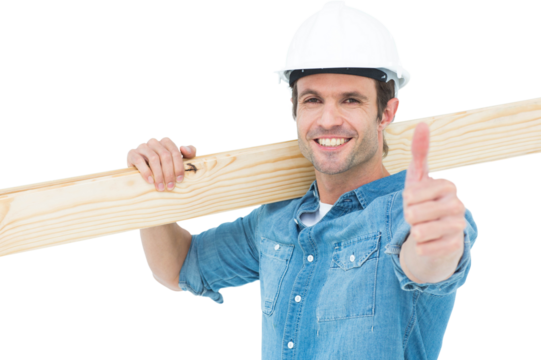 Confident carpenter carrying wooden plank