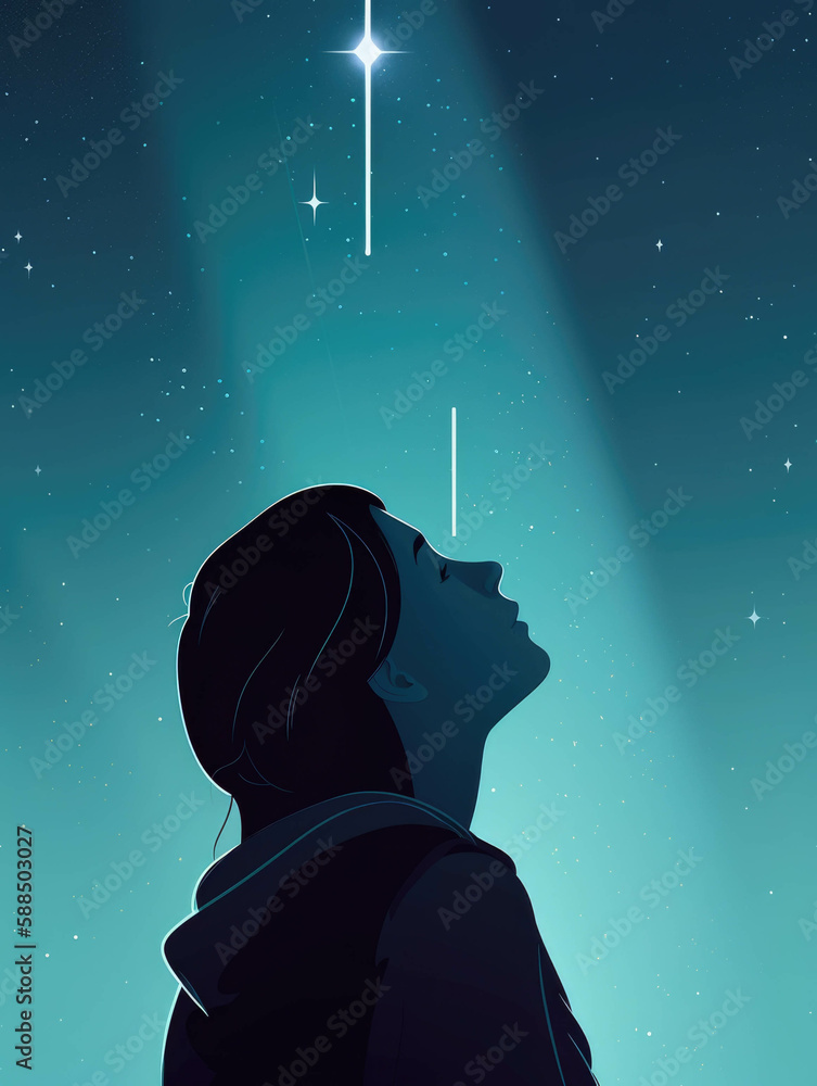 Poster a figure looking up at the stars their face illuminated by a beam of light.. ai generation.