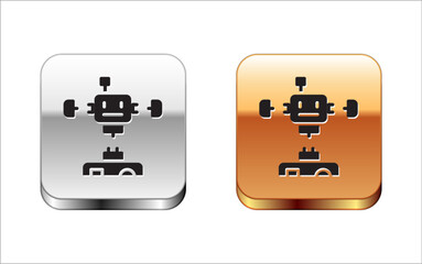 Black Disassembled robot icon isolated on white background. Artificial intelligence, machine learning, cloud computing. Silver-gold square button. Vector