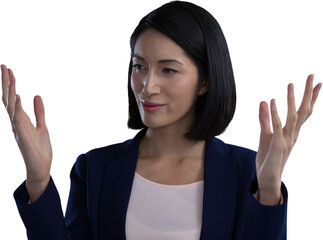 Businesswoman gesturing against white background