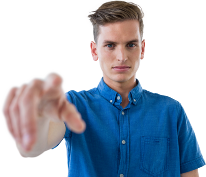 Portrait of man touching invisible screen