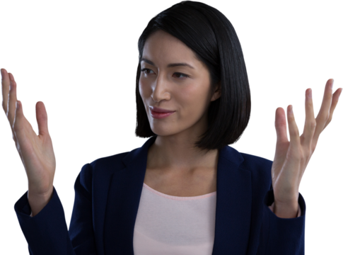 Businesswoman gesturing against white background