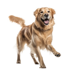 Happy Golden retriever jumping, isolated background. Generative AI