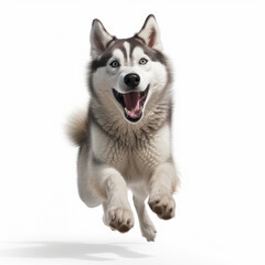 Happy Husky dog jumping, isolated background. Generative AI - obrazy, fototapety, plakaty