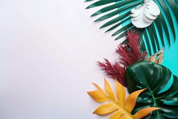Minimalistic summer background with colorful empty space and realistic tropical leaves for summer exotic style design.