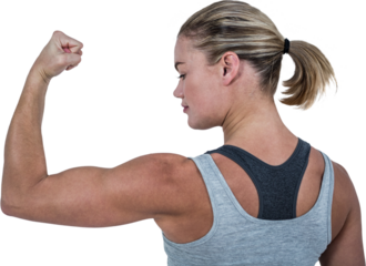 Rear view of muscular woman flexing muscles 