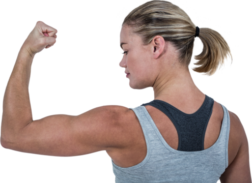 Rear view of muscular woman flexing muscles 