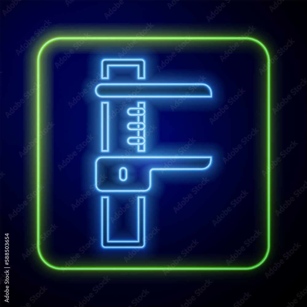 Poster glowing neon calliper or caliper and scale icon isolated on blue background. precision measuring too