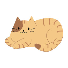 Cute ginger cat in a reclining pose. Vector illustration of a funny striped cat. Domestic cat lying down. Hand drawn kitten. White isolated background.