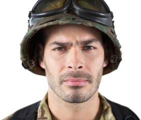 Close up portrait of confident military soldier